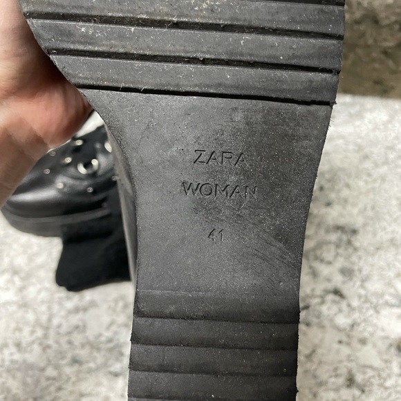 ZARA Lace Up Leather Wedge Stud Combat Boots - Picture 9 of 9